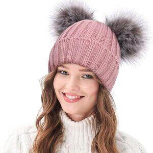 Arctic Paw Pom Pom Beanie Cable Knit Fleece Lined Winter Beanie Women Hat Pink